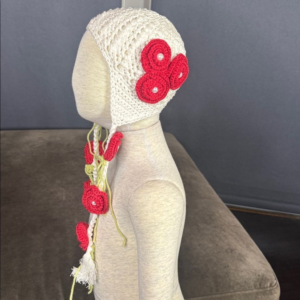 Bebe Chapeau Girls White Hat with Roses Side Braids 100% Cotton 6-12 months NEW - Picture 3 of 9